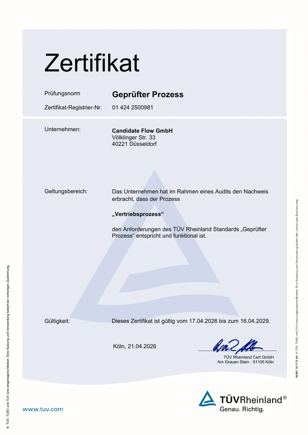 TÜV Rheinland Zertifikat Geprüfter Prozess – Vertriebsprozess